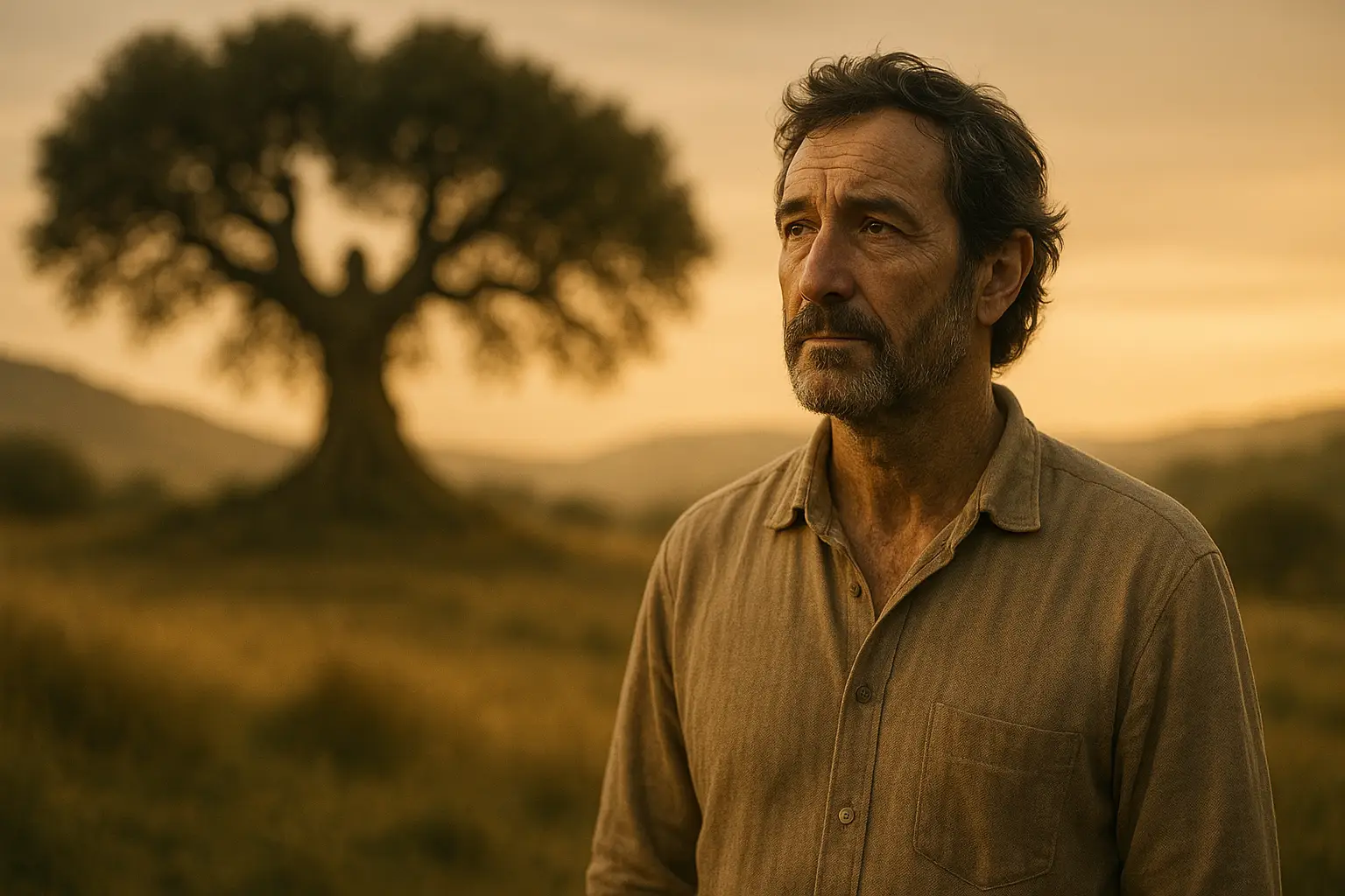 “Hombre contemplando un paisaje rural al atardecer, con una encina cuya silueta forma una figura simbólica, representando la conexión espiritual con la naturaleza.”