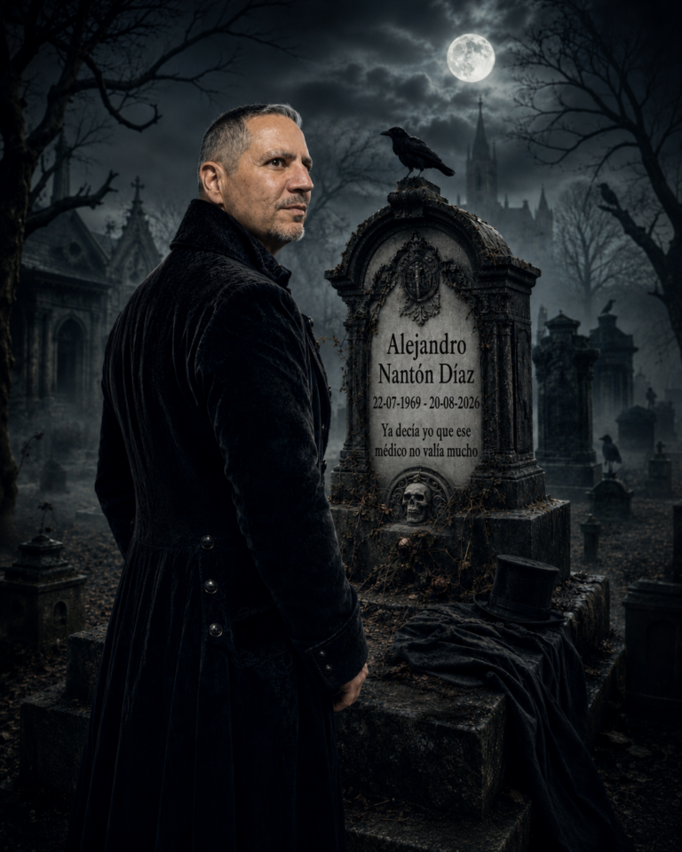 Ilustración gótica hiperrealista de Alejandro Nantón Díaz observando su propia lápida simbólica en un cementerio nocturno, como metáfora de su muerte digital y cierre del blog Pensando en voz alta.